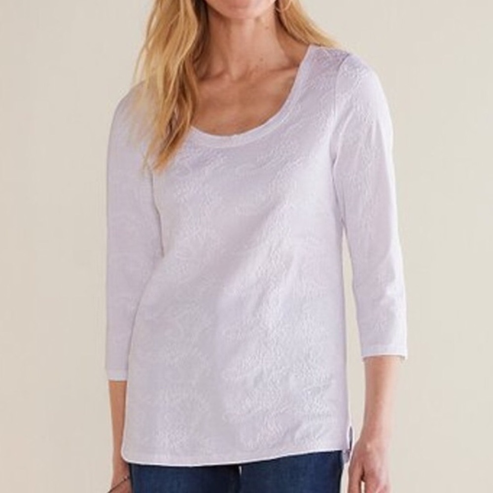 Soft Surroundings Women XL White Cotton Linnea Embroidered 3/4 Sleeve Tee NWOT
